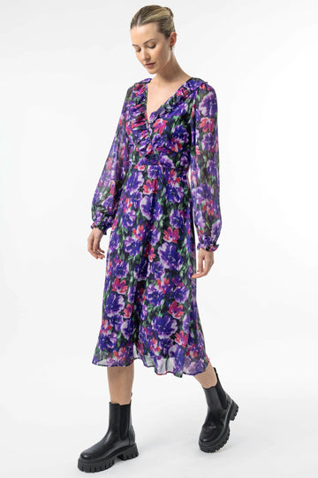 Faux Wrap Ruffle Detail Midi Dress in Purple Floral ANGELEYE
